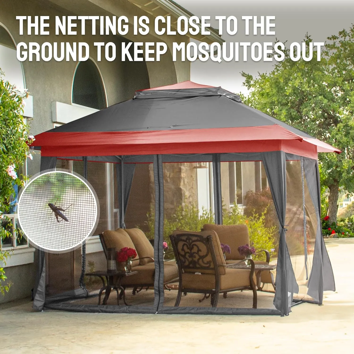 CROWN SHADES 13x13 Pop Up Gazebo, Patented One Push Outoor Canopy Tent with Wheeled STO-N-Go Cover Bag, Pop Up Canopy with Netting for Patio, Party, Backyard (13x13, Red & Grey Grid)