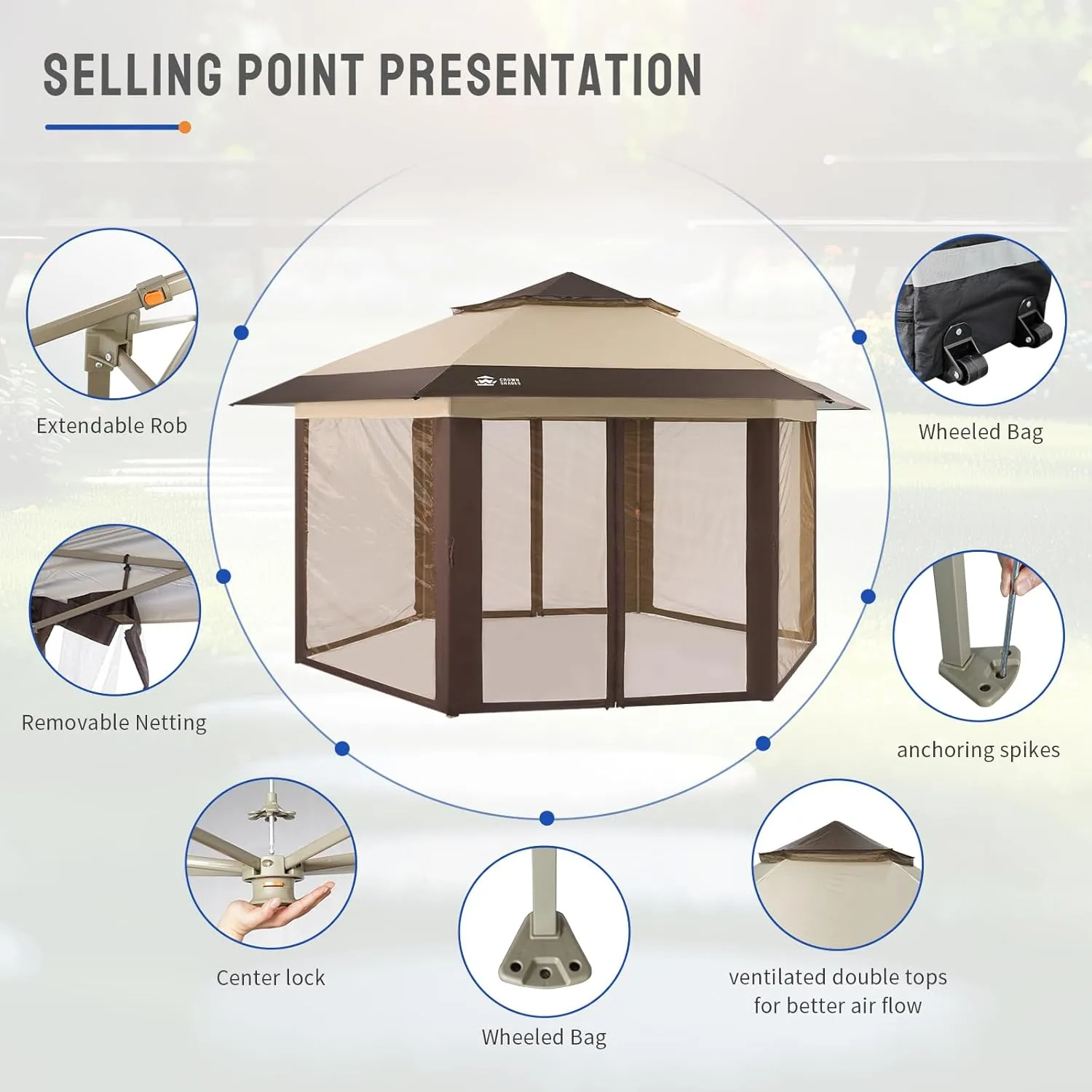 CROWN SHADES 13x13 Pop up Gazebo with Mosquito Nettings, Patented Center Lock 6-Sided Portable Gazebo, 300D Silver-Coated Fabric UV Resistant, Pop Up Canopy Tent for Patio, Party, Beige&Coffee