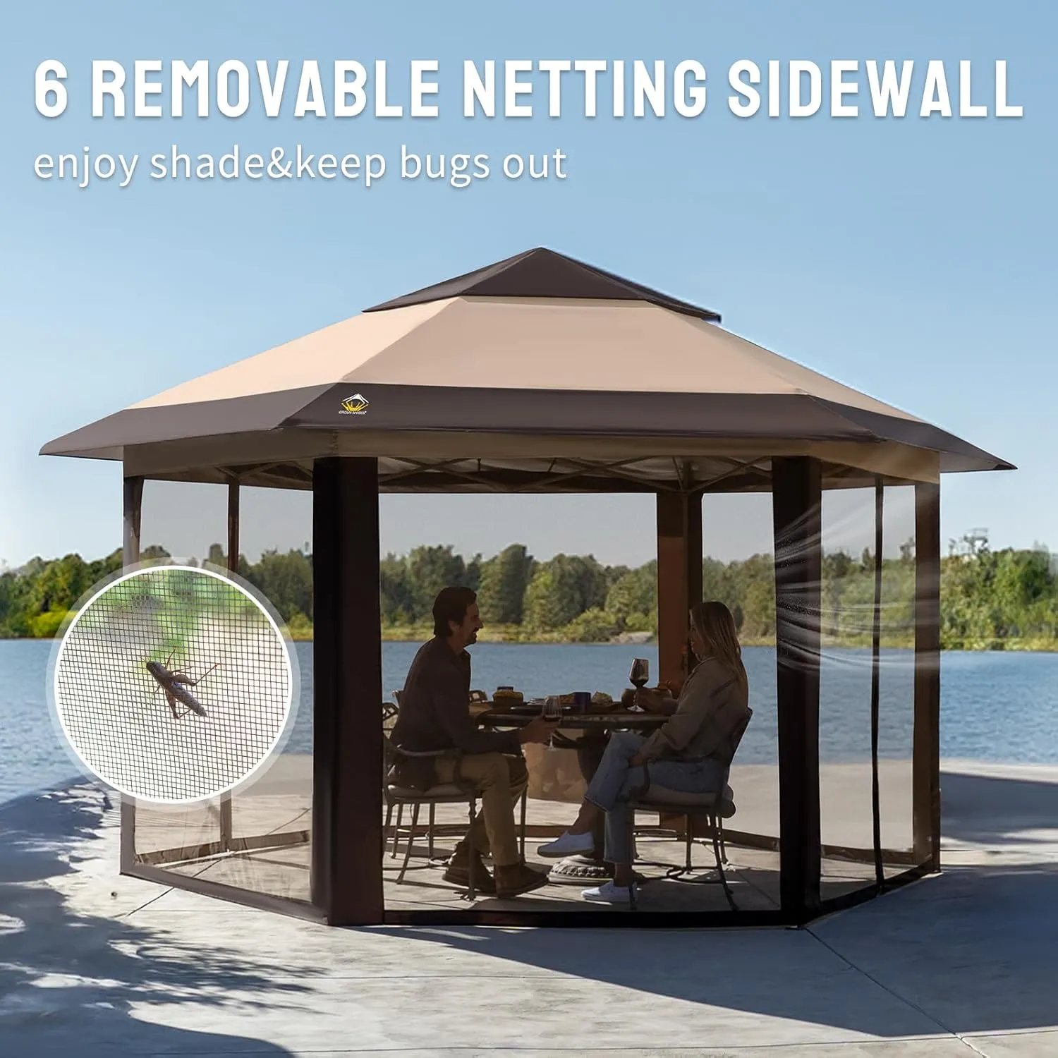 CROWN SHADES 13x13 Pop up Gazebo with Mosquito Nettings, Patented Center Lock 6-Sided Portable Gazebo, 300D Silver-Coated Fabric UV Resistant, Pop Up Canopy Tent for Patio, Party, Beige&Coffee