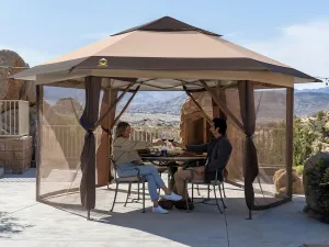 CROWN SHADES 13x13 Pop up Gazebo with Mosquito Nettings, Patented Center Lock 6-Sided Portable Gazebo, 300D Silver-Coated Fabric UV Resistant, Pop Up Canopy Tent for Patio, Party, Beige&Coffee