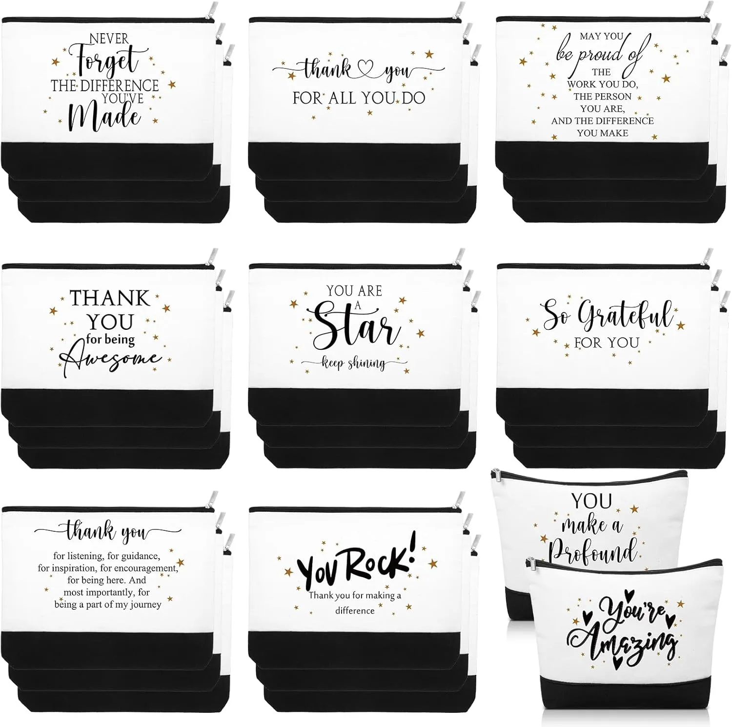 Cunno 30 Pcs Inspirational Gifts Cosmetic Bags for Women Girls Employee Appreciation Makeup Bags Gifts Motivational Canvas Bag Thank You Pouch with Zipper for Teacher Coworker, 6 Style(Classic)