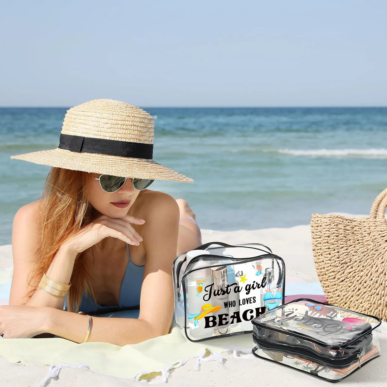 Cunno Makeup Bags Gifts for Women Summer Beach Cruise Swim Nurse Teacher Dance Gift Survival Kit Clear Cosmetic Bags PVC Waterproof Travel Toiletry Handbags Purses Organizer(Beach Style)