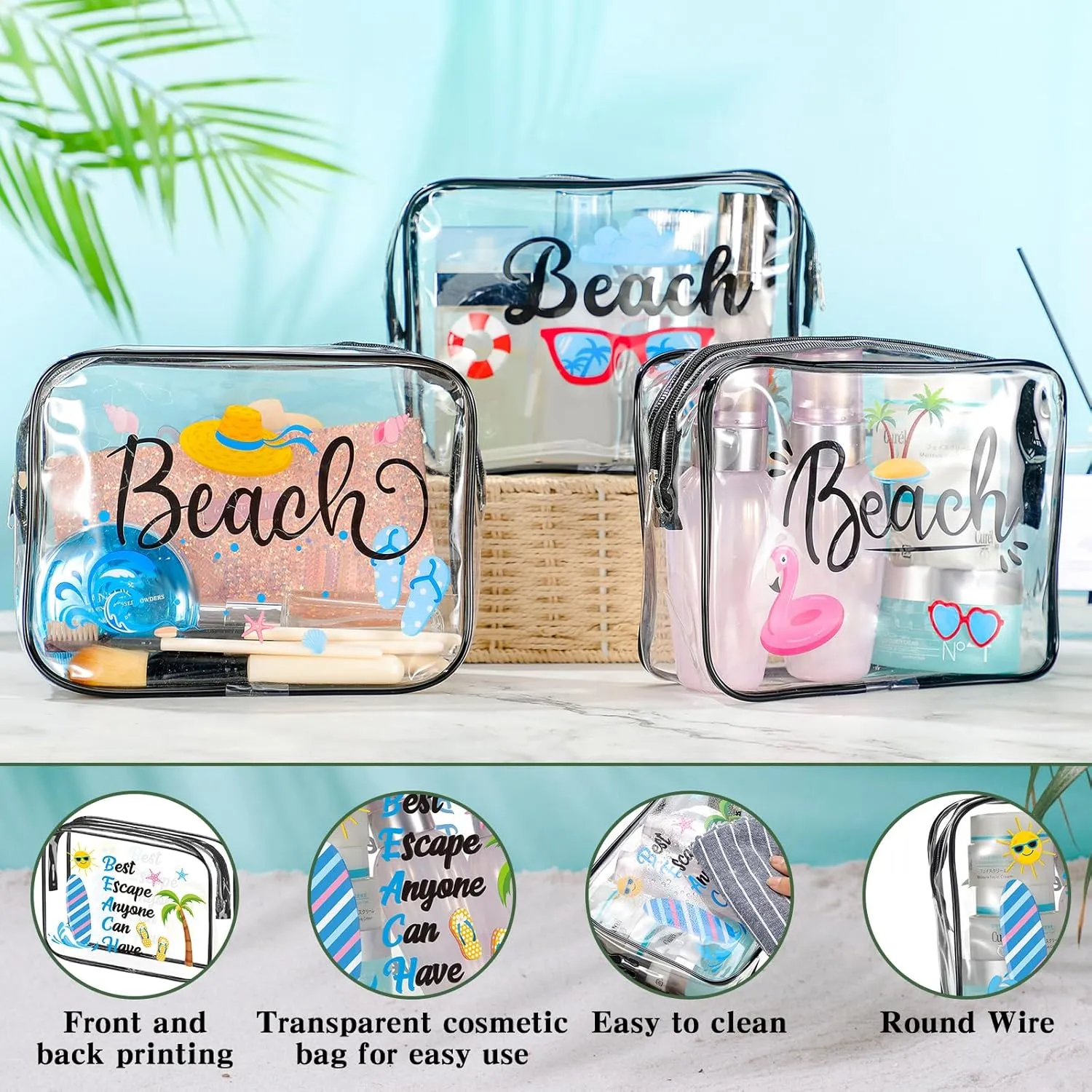 Cunno Makeup Bags Gifts for Women Summer Beach Cruise Swim Nurse Teacher Dance Gift Survival Kit Clear Cosmetic Bags PVC Waterproof Travel Toiletry Handbags Purses Organizer(Beach Style)
