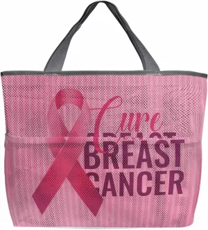 Cure Breast Cancer Beach Tote Bag for Women, Pink String Pink Ombre Striped Mesh Beach Bags Waterproof Sandproof, Outdoor Picnic Swim Pool Handbag - Large Beach Bag with Zipper and Pockets