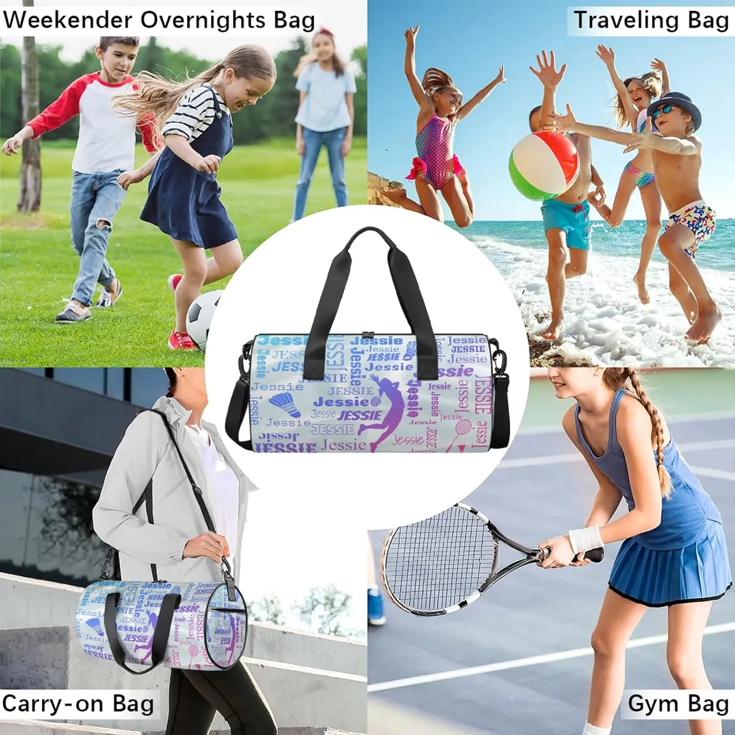 Custom Badminton Sport Bags Personalized Sports Gym Bag with Name Overnight Weekender Duffel Bag Customized Gifts for Women Men, Blue Pink