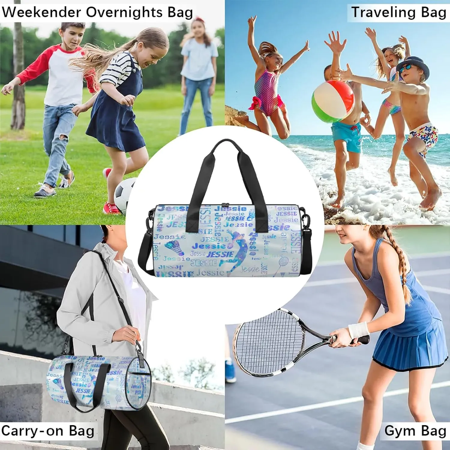 Custom Badminton Sport Bags Personalized Sports Gym Bag with Name Overnight Weekender Duffel Bag Customized Gifts for Women Men, Colorful Blue