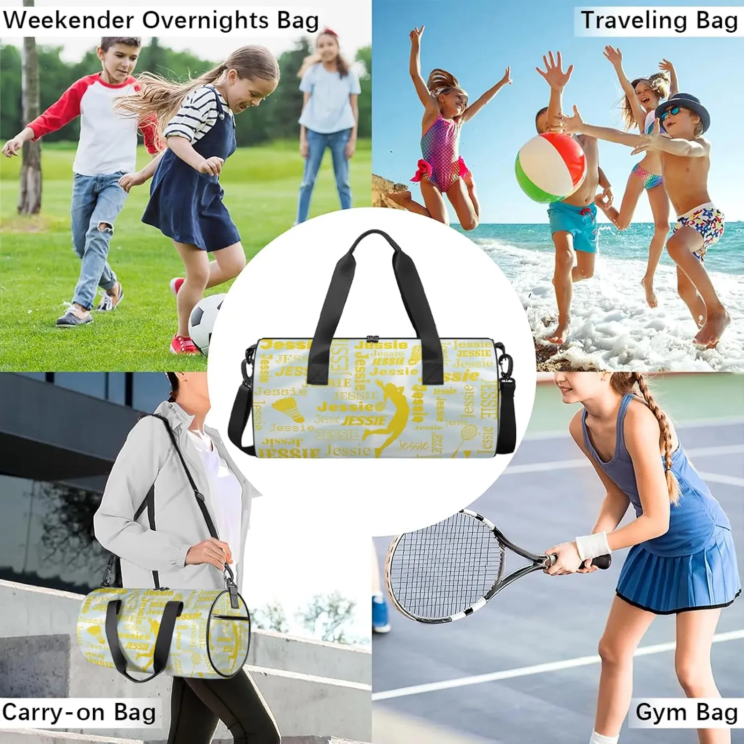Custom Badminton Sport Bags Personalized Sports Gym Bag with Name Overnight Weekender Duffel Bag Customized Gifts for Women Men, Gold