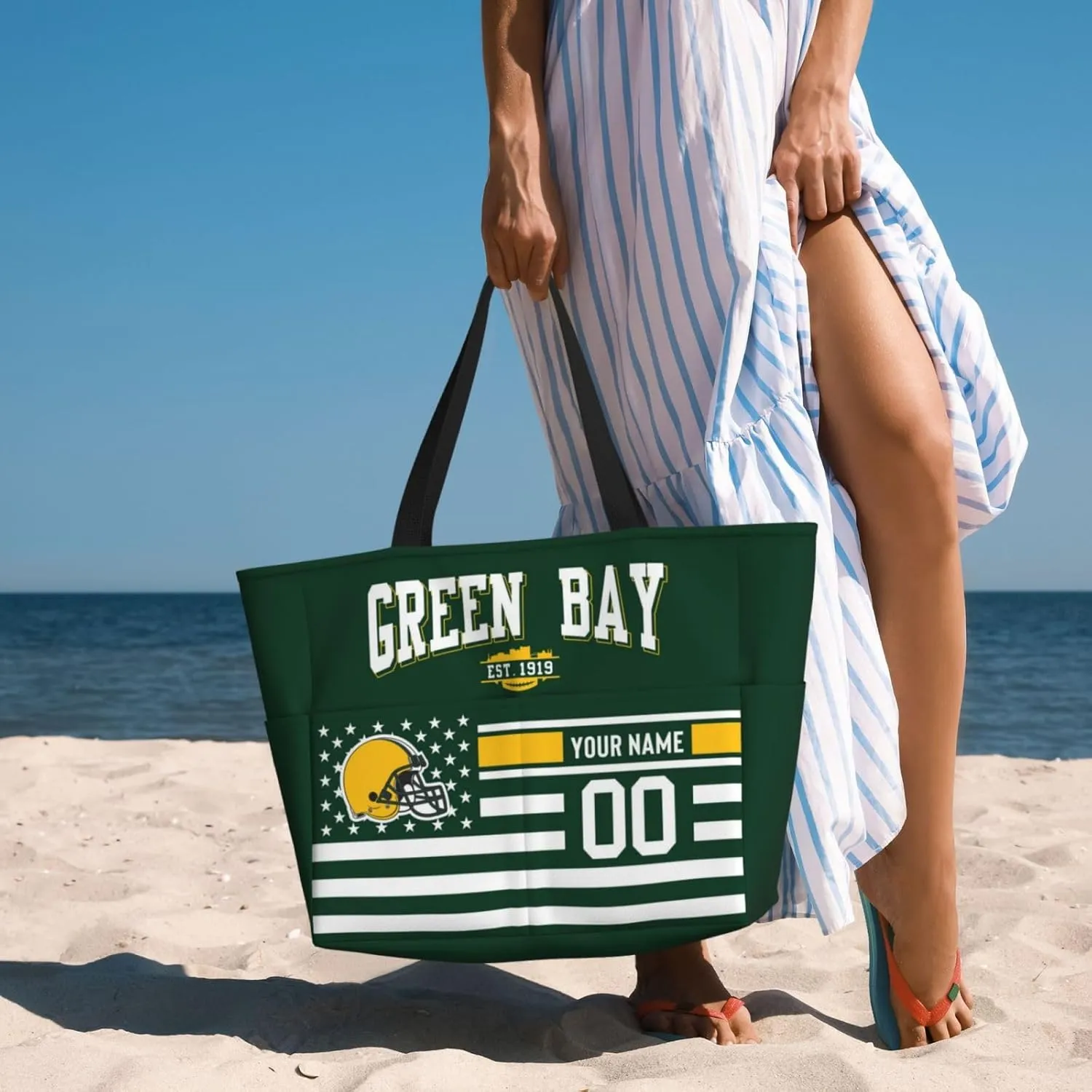Custom Beach Bag Custom Football Style Large Beach Tote Bag Personalized Add Your Name and Number Shoulder Bag