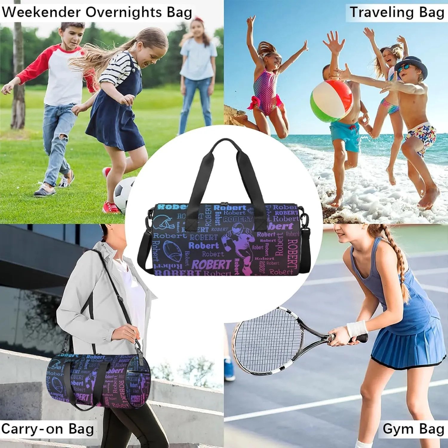 Custom Football Sport Bags Personalized Sports Gym Bag with Name Overnight Weekender Duffel Bag Customized Rugby Gifts for Women Men, Blue Pink