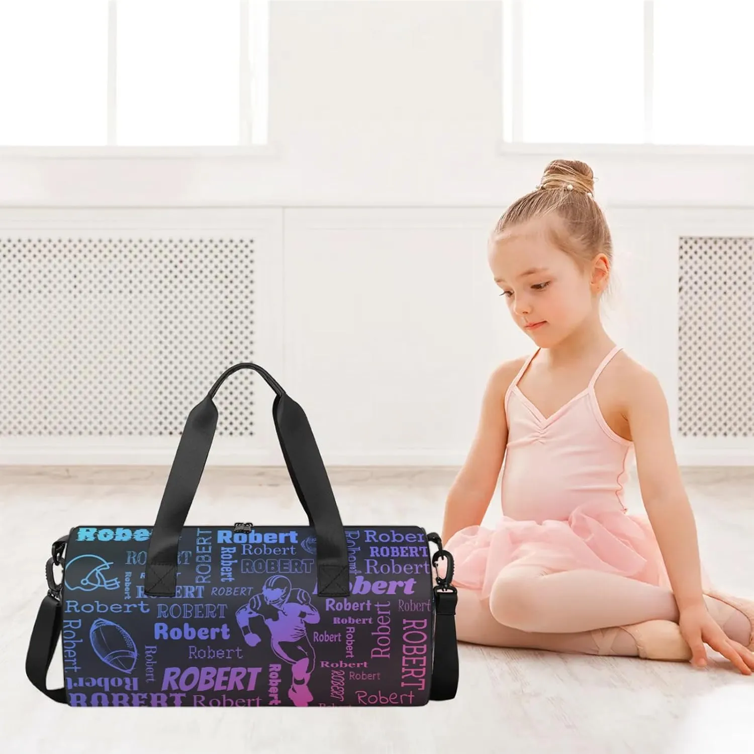 Custom Football Sport Bags Personalized Sports Gym Bag with Name Overnight Weekender Duffel Bag Customized Rugby Gifts for Women Men, Blue Pink