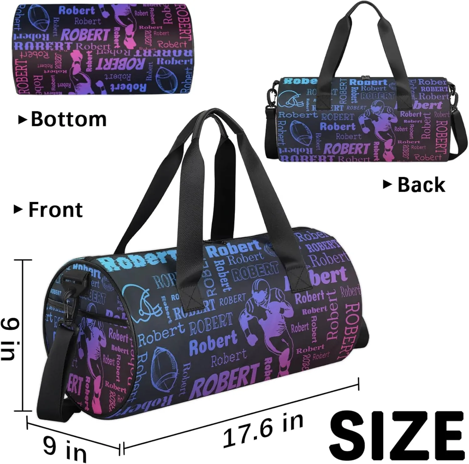Custom Football Sport Bags Personalized Sports Gym Bag with Name Overnight Weekender Duffel Bag Customized Rugby Gifts for Women Men, Blue Pink