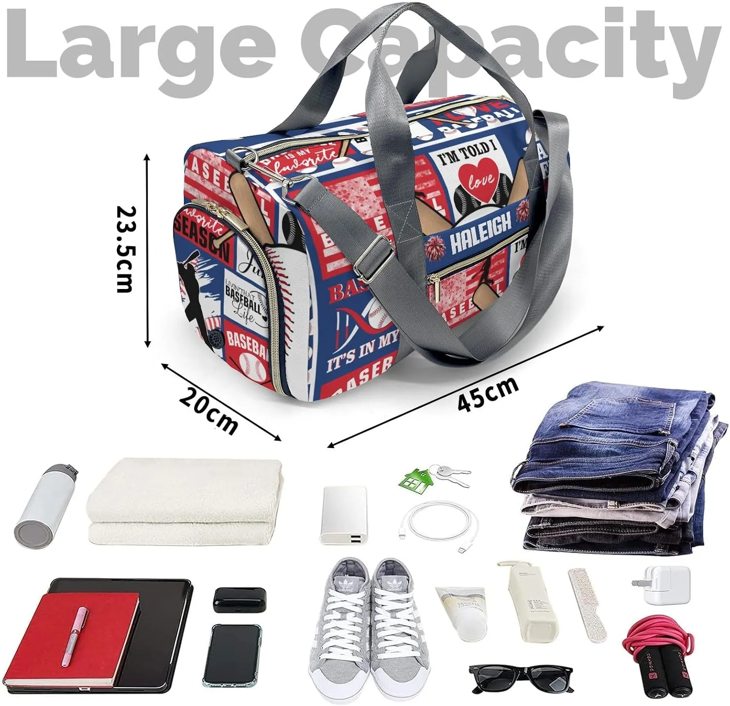 Custom Gift Baseball Duffel Bag for Travel Weekender Bag, Patchwork Football Overnight Bag with Shoe Compartment Carry On Bag for Business Trips Sports