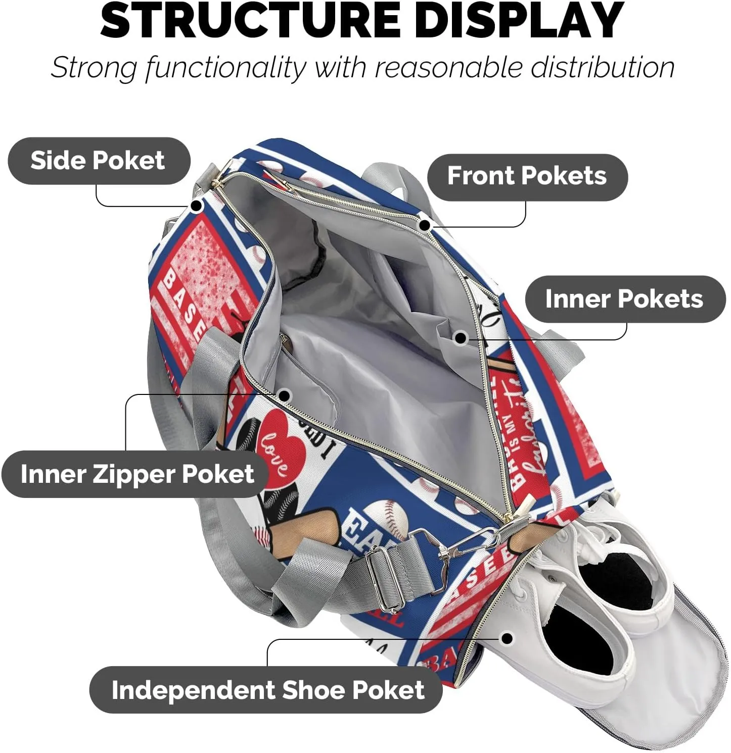 Custom Gift Baseball Duffel Bag for Travel Weekender Bag, Patchwork Football Overnight Bag with Shoe Compartment Carry On Bag for Business Trips Sports