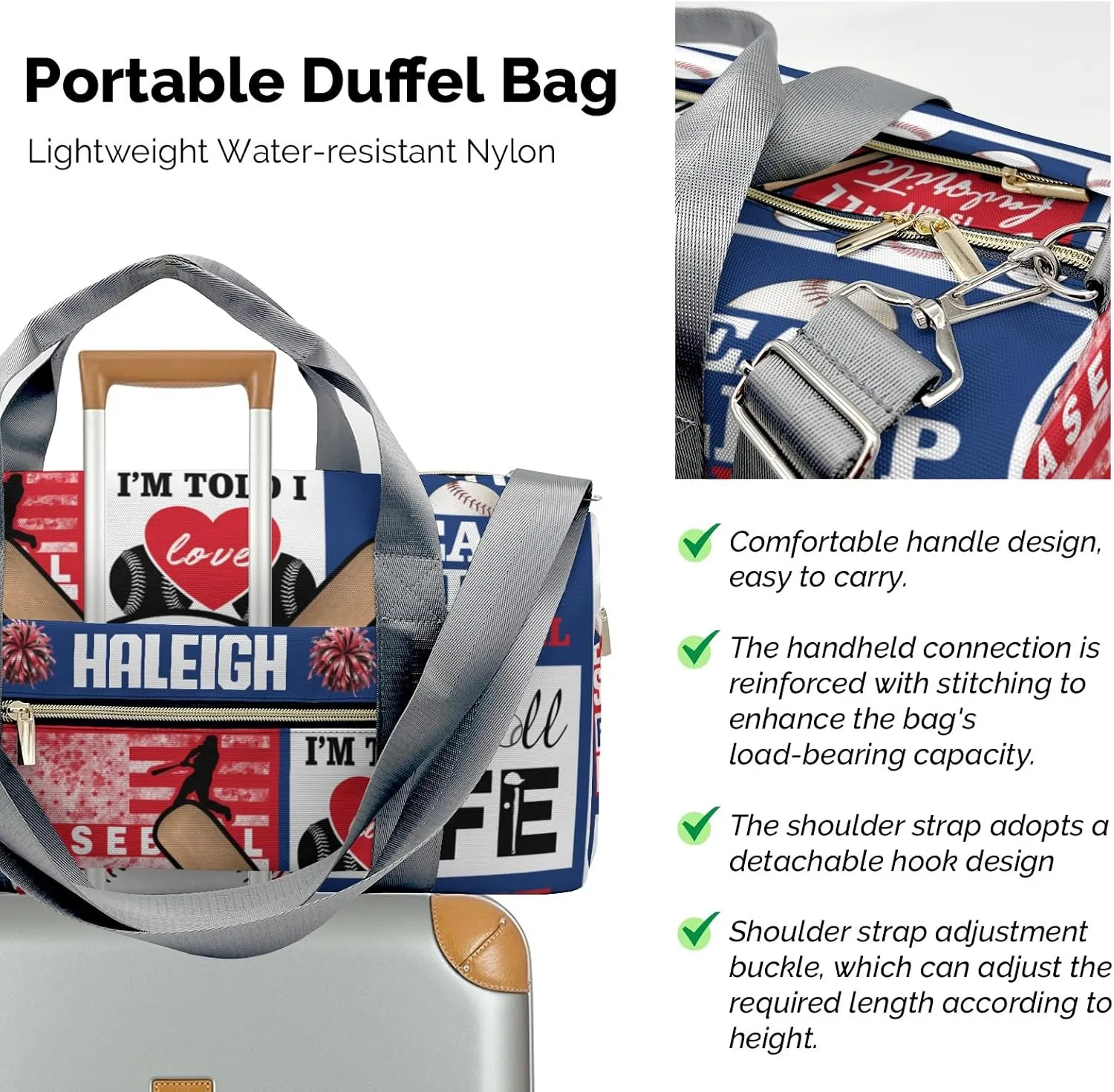 Custom Gift Baseball Duffel Bag for Travel Weekender Bag, Patchwork Football Overnight Bag with Shoe Compartment Carry On Bag for Business Trips Sports