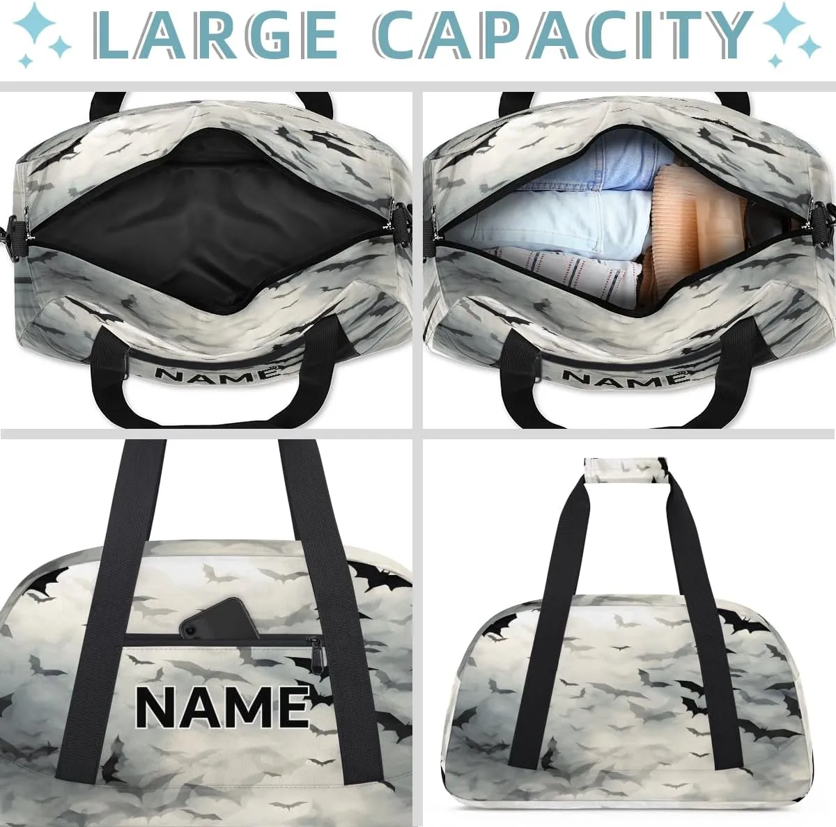 Custom Halloween Bat Small Gym Bag 18 inch for Women Men Personalized Black Scary Pattern Print Carry On Overnight Weekender Bag for Travel Work Dance Sport