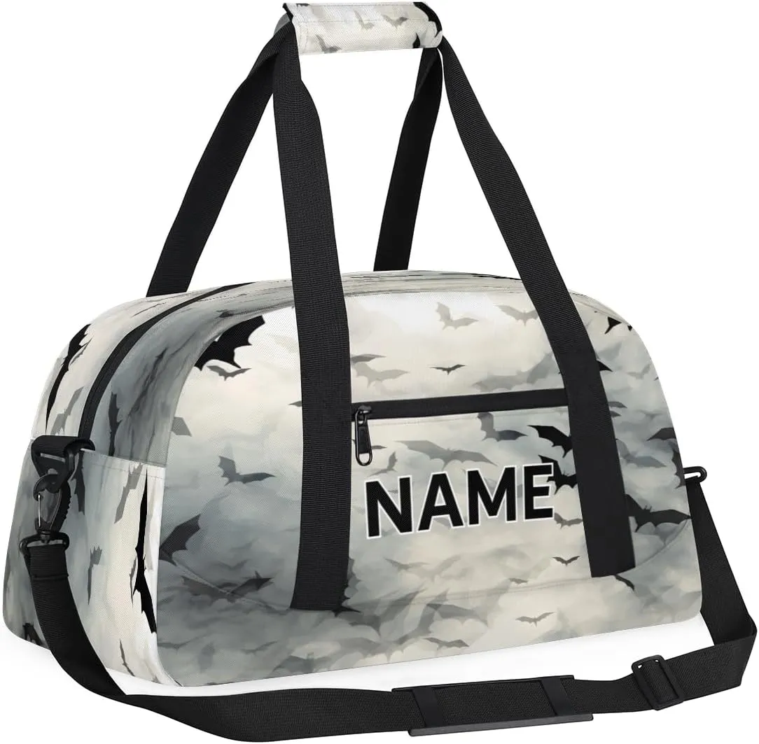 Custom Halloween Bat Small Gym Bag 18 inch for Women Men Personalized Black Scary Pattern Print Carry On Overnight Weekender Bag for Travel Work Dance Sport