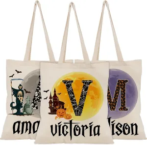 Custom Halloween Tote Bags w/Name - 6 Design - 15"x16" - Personalized Halloween Initial Moon Haunted Castle Pumpkin Ghost Skull Black Cat Gnome Skeleton Totes Bags - Custom Large Goodie Bag Gift C1