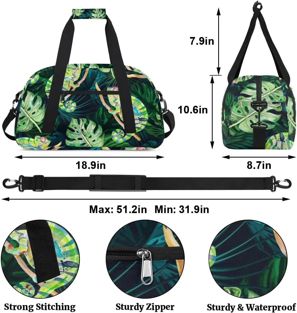 Cute Chameleon Design Gym Bag Sports Duffle Bag Weekend Sleepover Duffel Bags Small Travel Tote for Overnight Workout Gymnastics Dance Ballet