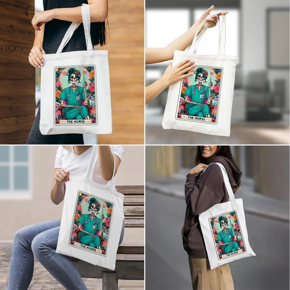 Decohim Funny Skull Tarot Card Sarcastic Canvas Tote Bag Witchy Gifts for Women Grocery Bags for Halloween Birthday