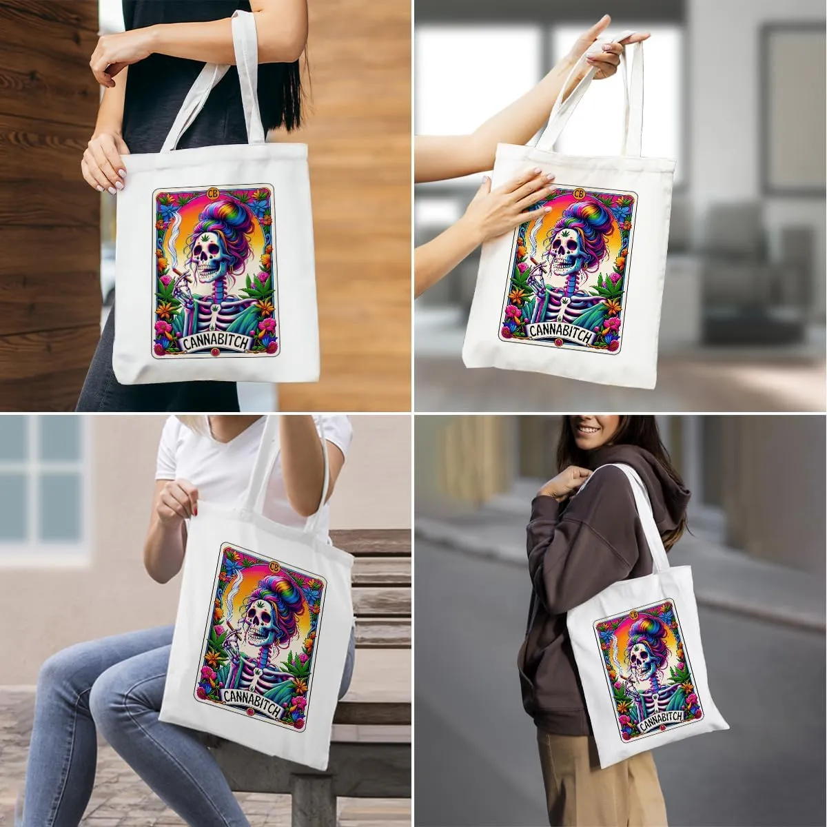 Decohim Funny Skull Tarot Card Sarcastic Canvas Tote Bag Witchy Gifts for Women Grocery Bags for Halloween Christmas