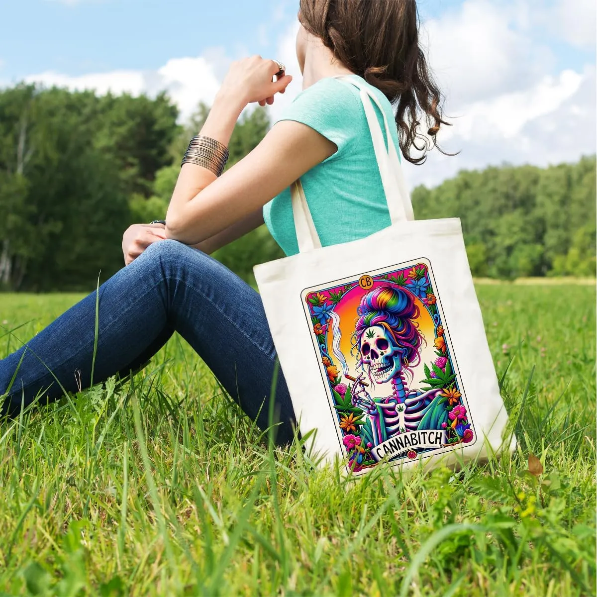 Decohim Funny Skull Tarot Card Sarcastic Canvas Tote Bag Witchy Gifts for Women Grocery Bags for Halloween Christmas