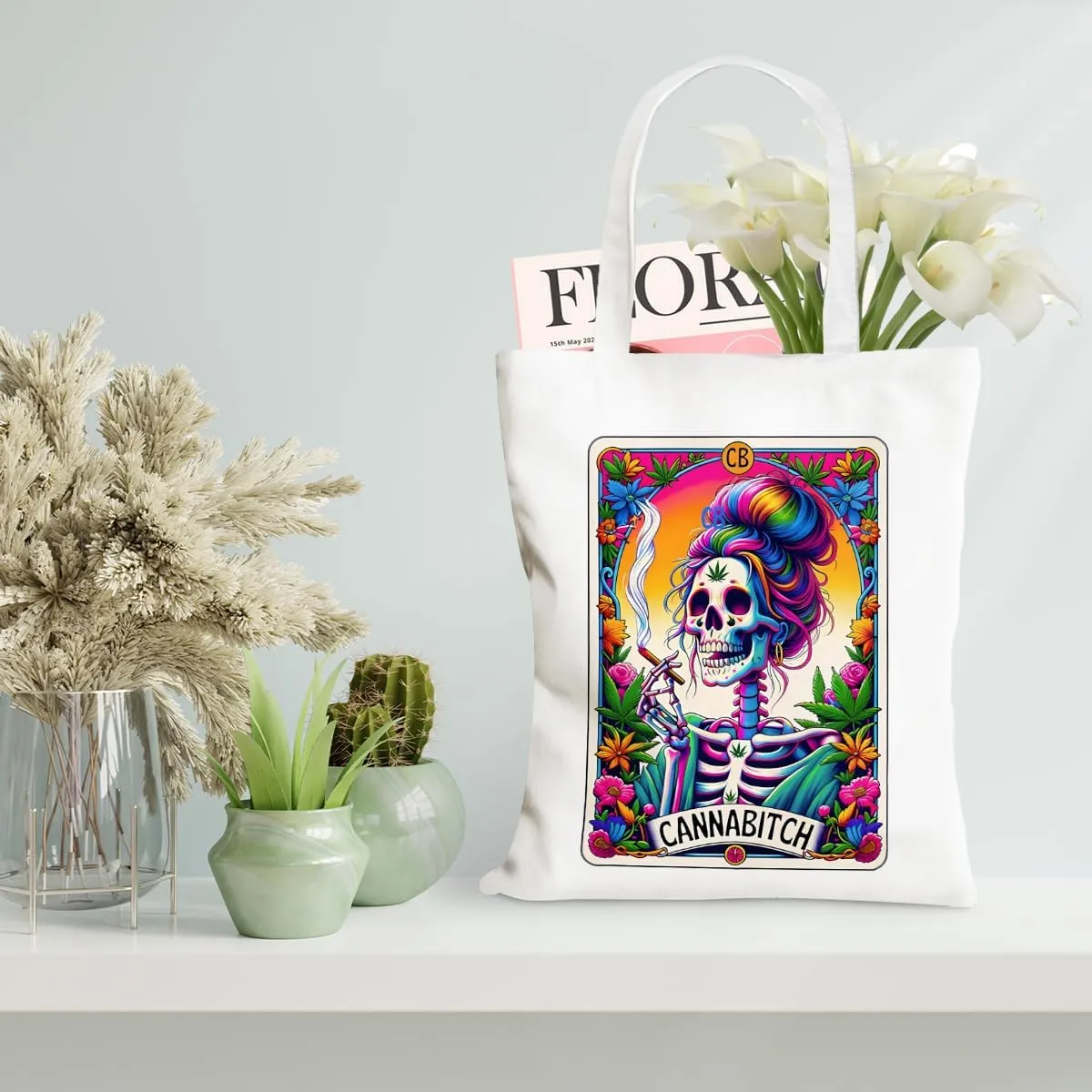 Decohim Funny Skull Tarot Card Sarcastic Canvas Tote Bag Witchy Gifts for Women Grocery Bags for Halloween Christmas