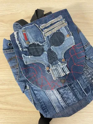 denim skull patchwork backpack