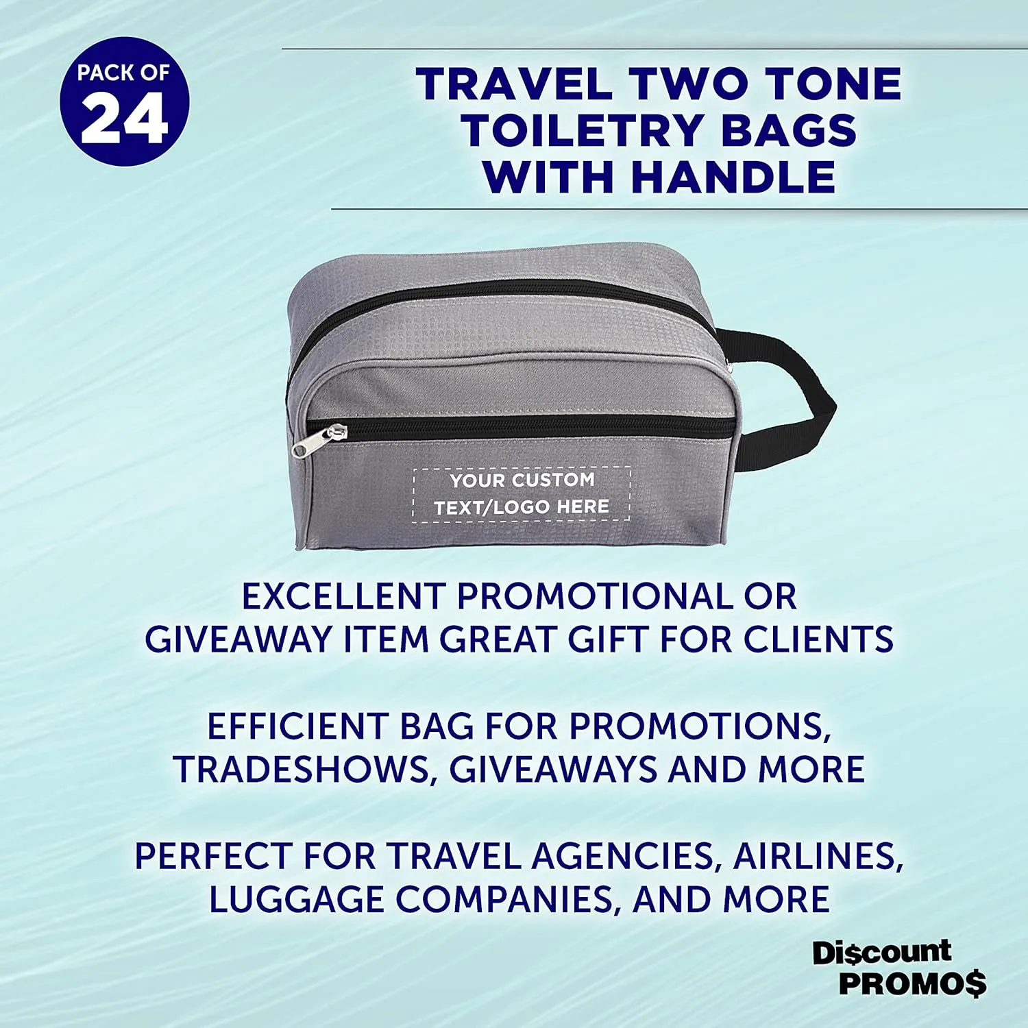 DISCOUNT PROMOS Custom Travel Two Tone Toiletry Bags with Handle Set of 24, Personalized Bulk Pack - Versatile, Bring Everywhere You Go, Perfect for Travelling or Even at Home - Gryblk - 10"X5"X5.5"