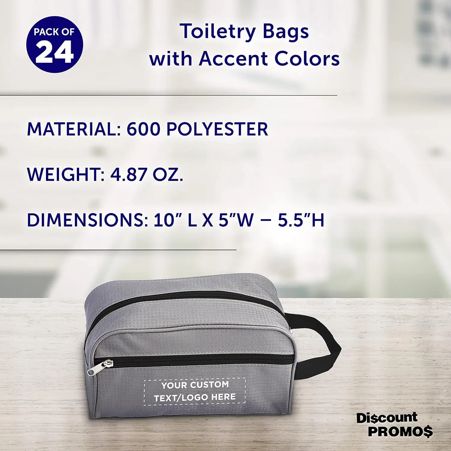 DISCOUNT PROMOS Custom Travel Two Tone Toiletry Bags with Handle Set of 24, Personalized Bulk Pack - Versatile, Bring Everywhere You Go, Perfect for Travelling or Even at Home - Gryblk - 10"X5"X5.5"