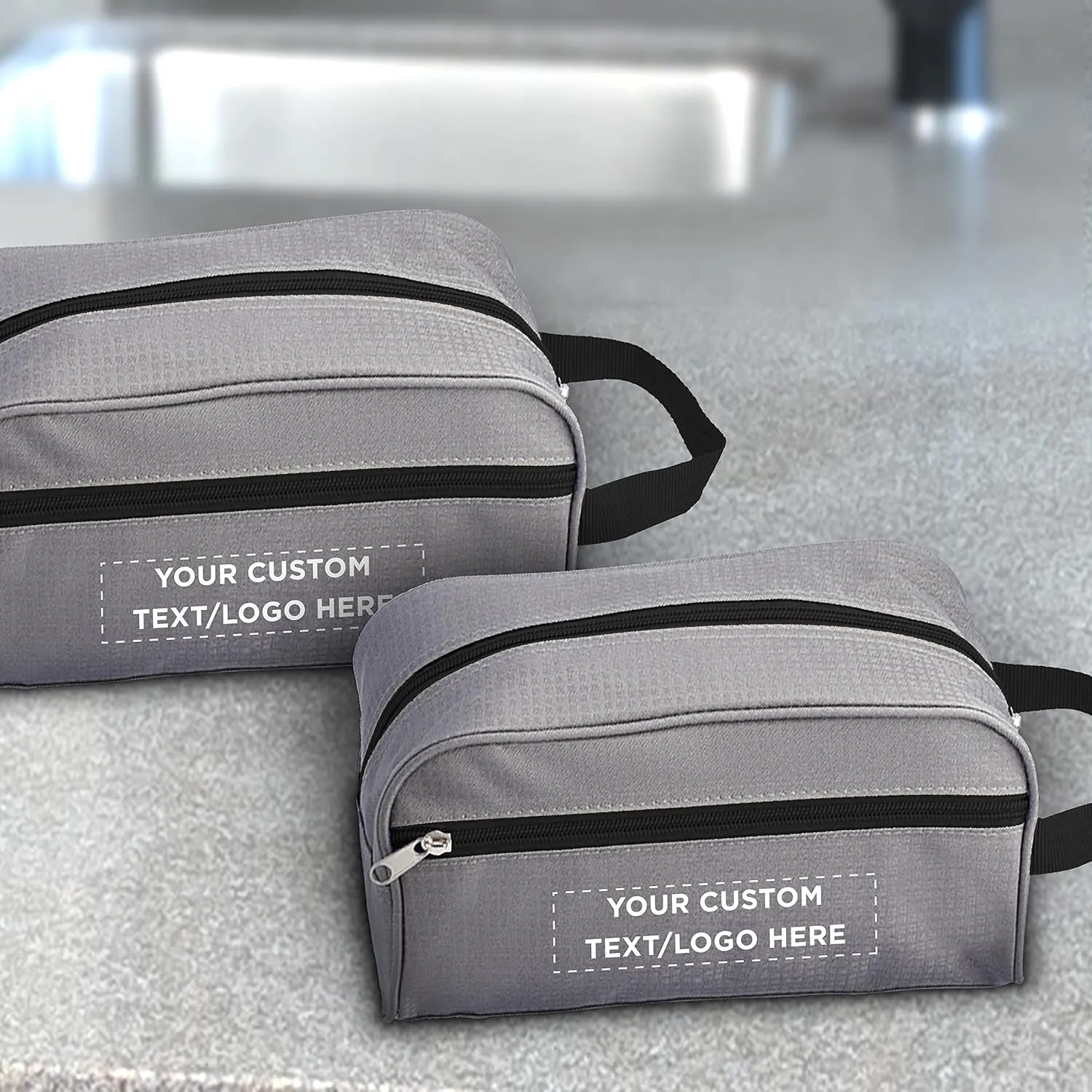 DISCOUNT PROMOS Custom Travel Two Tone Toiletry Bags with Handle Set of 24, Personalized Bulk Pack - Versatile, Bring Everywhere You Go, Perfect for Travelling or Even at Home - Gryblk - 10"X5"X5.5"