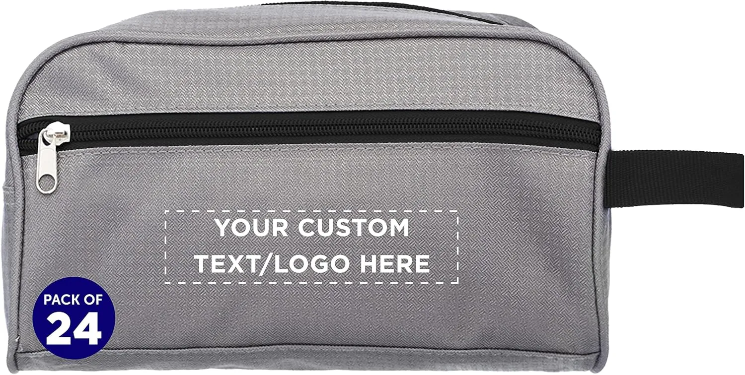 DISCOUNT PROMOS Custom Travel Two Tone Toiletry Bags with Handle Set of 24, Personalized Bulk Pack - Versatile, Bring Everywhere You Go, Perfect for Travelling or Even at Home - Gryblk - 10"X5"X5.5"