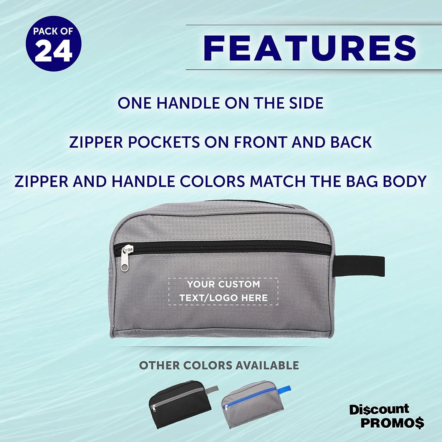 DISCOUNT PROMOS Custom Travel Two Tone Toiletry Bags with Handle Set of 24, Personalized Bulk Pack - Versatile, Bring Everywhere You Go, Perfect for Travelling or Even at Home - Gryblk - 10"X5"X5.5"