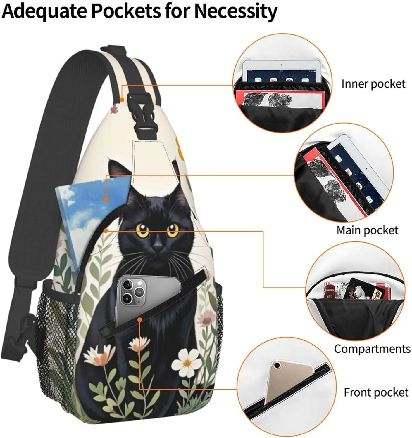 Dog Paw Sling Bag for Women Men Chicken Crossbody Bags Sunflower Chest Bag Gothic Skull Daypack Shoulder Bag Backpack (cat-1)