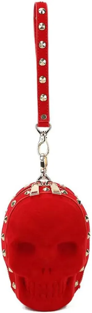 DownDown Gothic Wristlet Bags Purse 3D Skull Head Clutch Red Velvet Purses Belt Bag Phone Packets Hip-hop Zip Wallet Women&Men Unique Satchel-Red