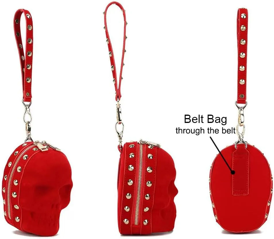 DownDown Gothic Wristlet Bags Purse 3D Skull Head Clutch Red Velvet Purses Belt Bag Phone Packets Hip-hop Zip Wallet Women&Men Unique Satchel-Red