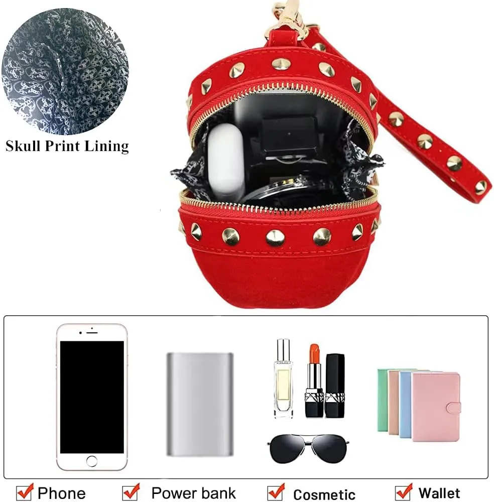 DownDown Gothic Wristlet Bags Purse 3D Skull Head Clutch Red Velvet Purses Belt Bag Phone Packets Hip-hop Zip Wallet Women&Men Unique Satchel-Red