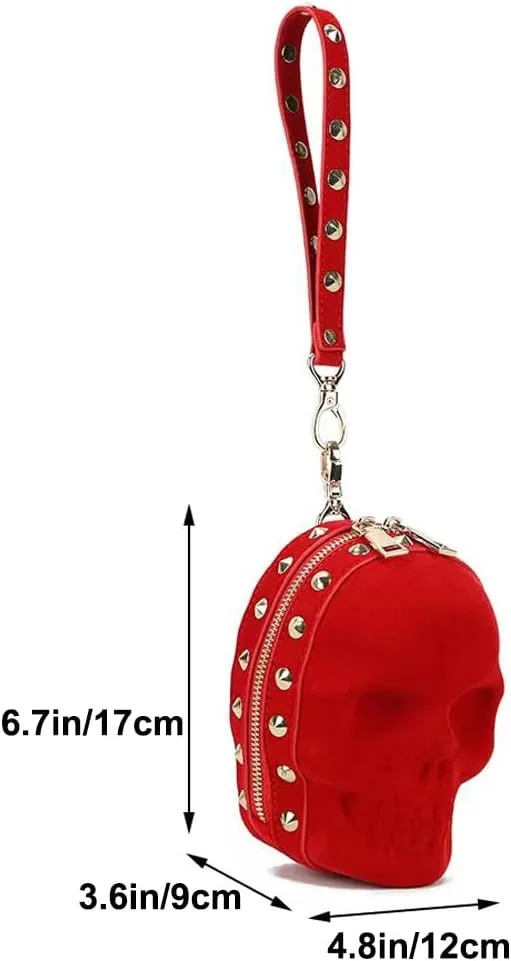 DownDown Gothic Wristlet Bags Purse 3D Skull Head Clutch Red Velvet Purses Belt Bag Phone Packets Hip-hop Zip Wallet Women&Men Unique Satchel-Red