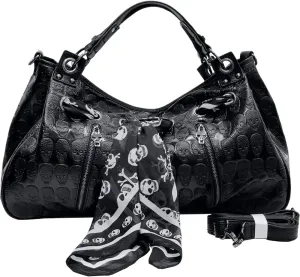 Downupdown Women Handbags Purse Shoulder Bags Skull Print Leather Hobo Bag Black Gothic Bag Ladies Satchel with Handkerchief