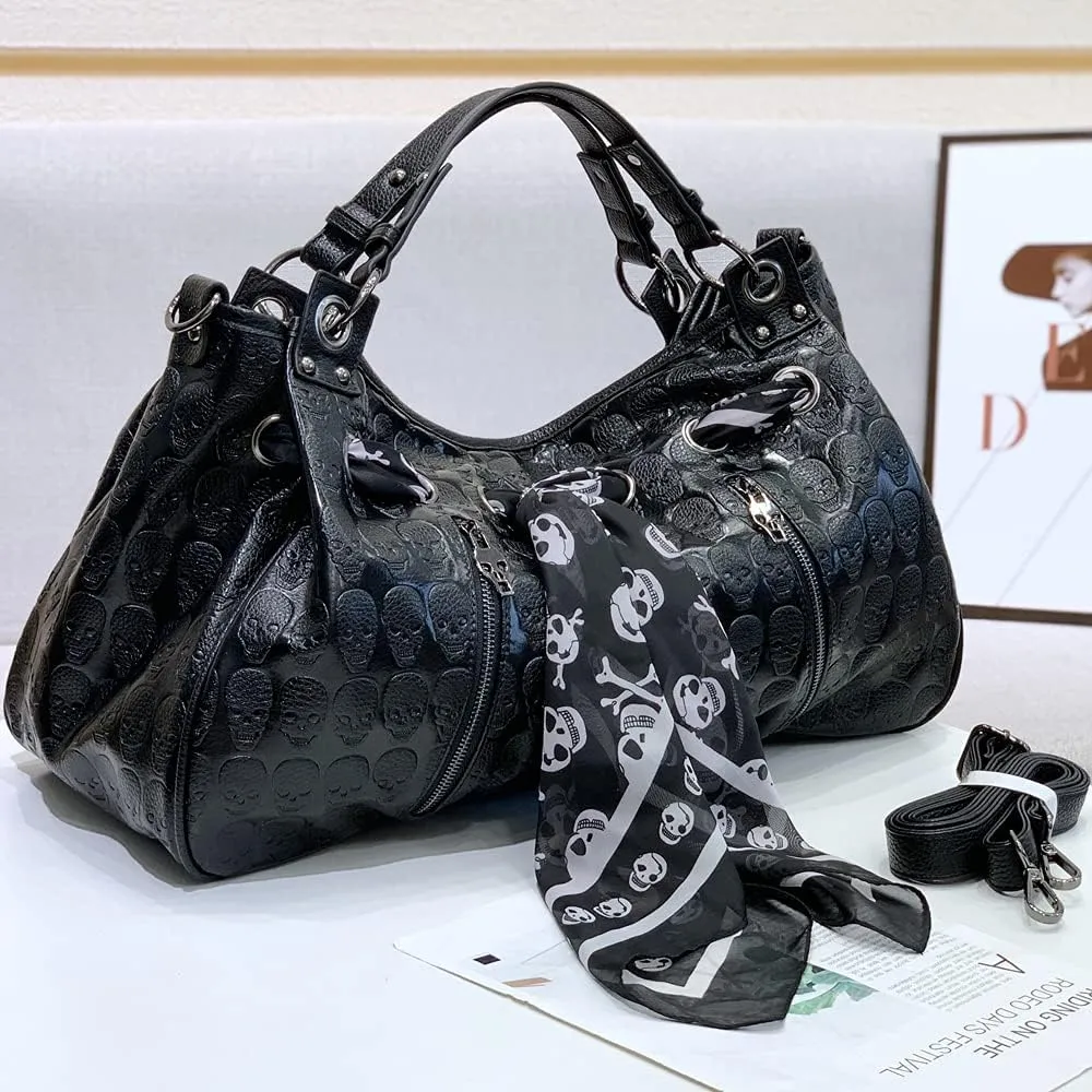 Downupdown Women Handbags Purse Shoulder Bags Skull Print Leather Hobo Bag Black Gothic Bag Ladies Satchel with Handkerchief