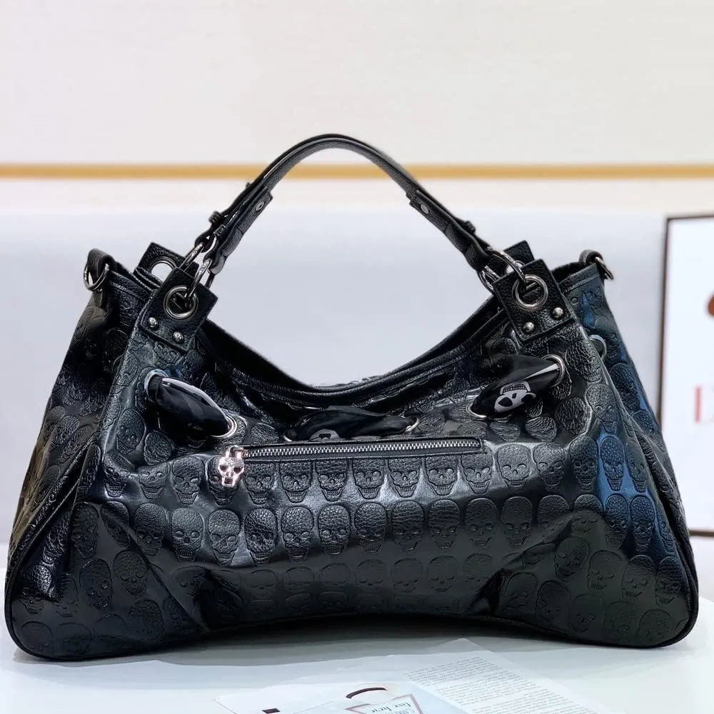 Downupdown Women Handbags Purse Shoulder Bags Skull Print Leather Hobo Bag Black Gothic Bag Ladies Satchel with Handkerchief