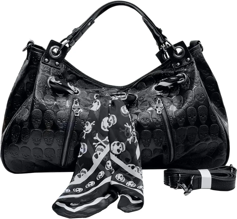 Downupdown Women Handbags Purse Shoulder Bags Skull Print Leather Hobo Bag Black Gothic Bag Ladies Satchel with Handkerchief