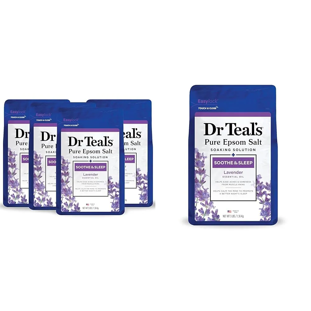 Dr Teal's Pure Epsom Salt, Soothe & Sleep with Lavender, 3 lb (Pack of 4) (Packaging May Vary) & Epsom Salt Soaking Solution, Soothe & Sleep, Lavender, 3lbs (Packaging May Vary)