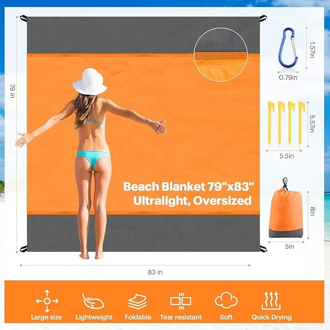 EASYFUN Beach Blanket Sandproof Oversized, 79''×83'' Extra Large Beach Mat, Portable Picnic Mat for Travel Camping Hiking, Lightweight Beach Essentials Family Water Resistant Mat Nylon 210T