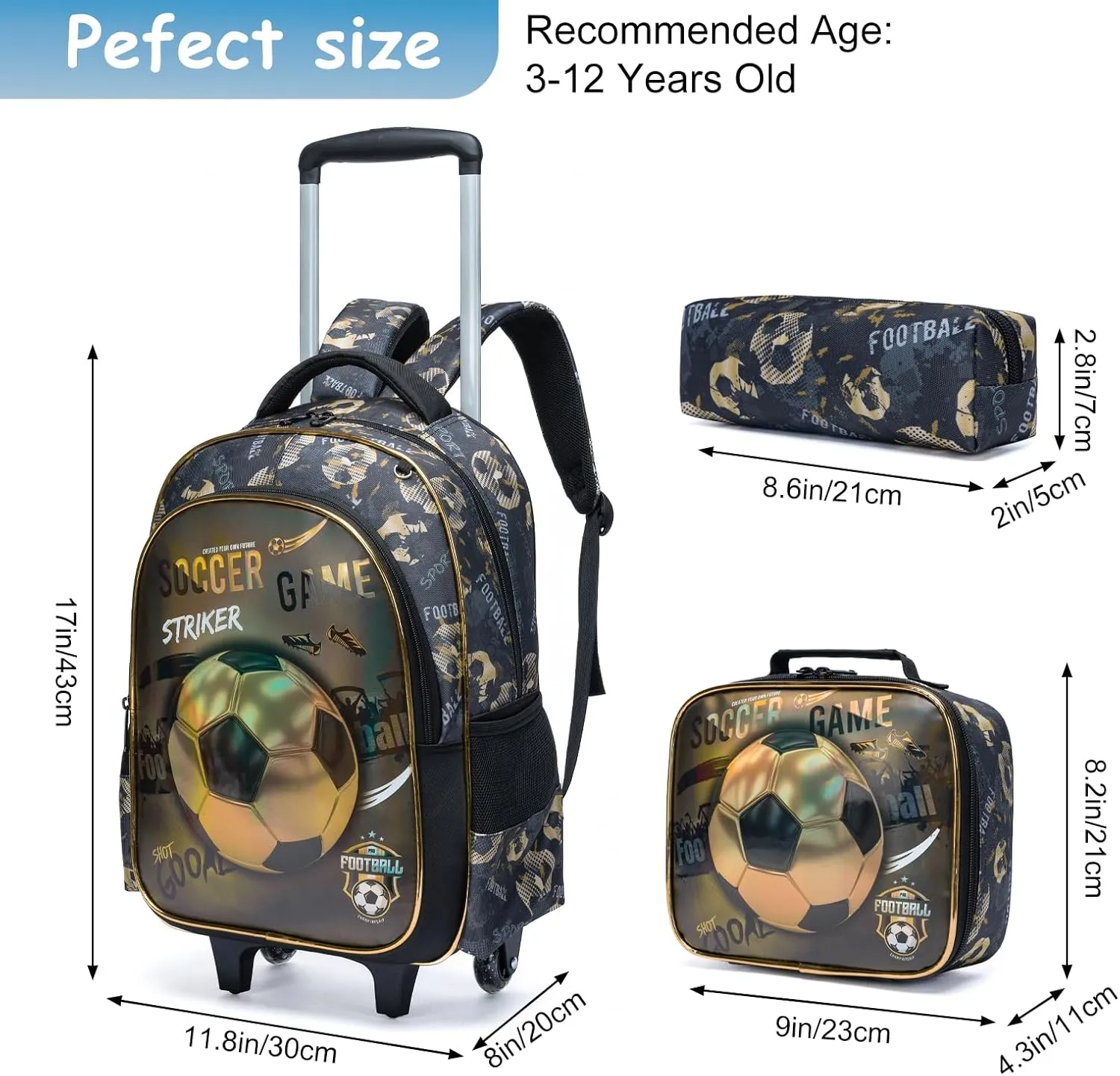 Egchescebo Kids Rolling Footballs Backpack for Boys Trolley Suitcases Luggage Travel with Wheels Bookbag Wheeled 3PCS Roller Backpacks Toddler Tote Bag Back Pack School Bags Set Elementary Brown