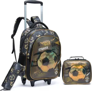 Egchescebo Kids Rolling Footballs Backpack for Boys Trolley Suitcases Luggage Travel with Wheels Bookbag Wheeled 3PCS Roller Backpacks Toddler Tote Bag Back Pack School Bags Set Elementary Brown