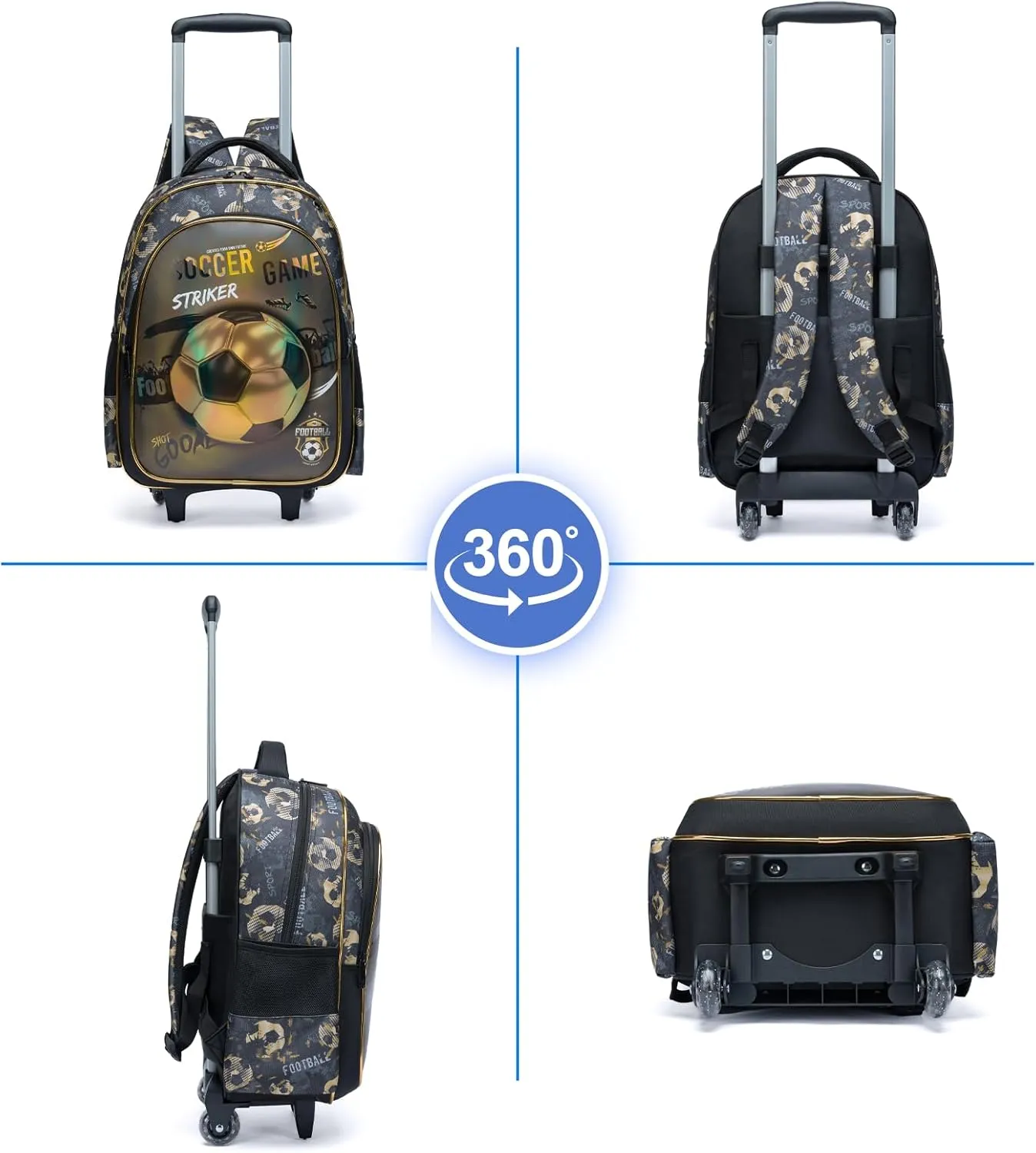 Egchescebo Kids Rolling Footballs Backpack for Boys Trolley Suitcases Luggage Travel with Wheels Bookbag Wheeled 3PCS Roller Backpacks Toddler Tote Bag Back Pack School Bags Set Elementary Brown