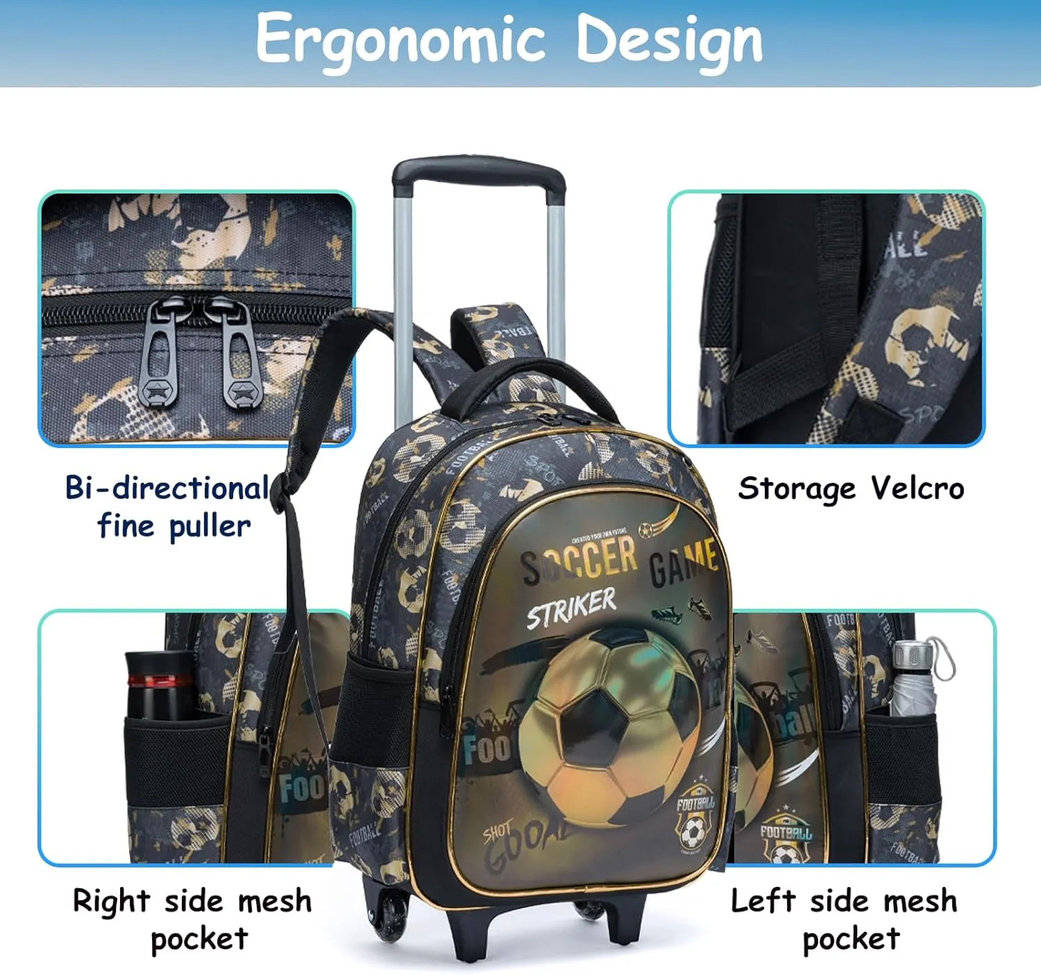 Egchescebo Kids Rolling Footballs Backpack for Boys Trolley Suitcases Luggage Travel with Wheels Bookbag Wheeled 3PCS Roller Backpacks Toddler Tote Bag Back Pack School Bags Set Elementary Brown