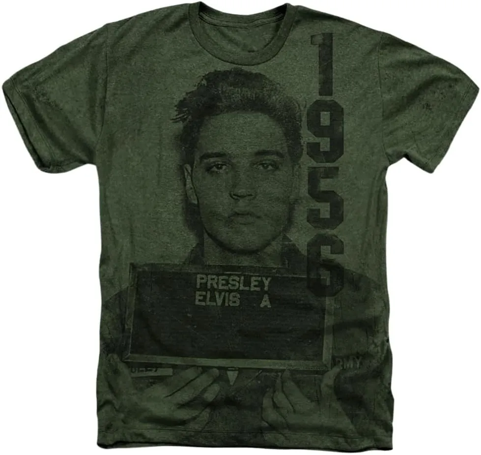 Elvis Presley Army Mug Shot Rock 'N' Roll, Unisex Adult Sublimated Heather T Shirt Military Green