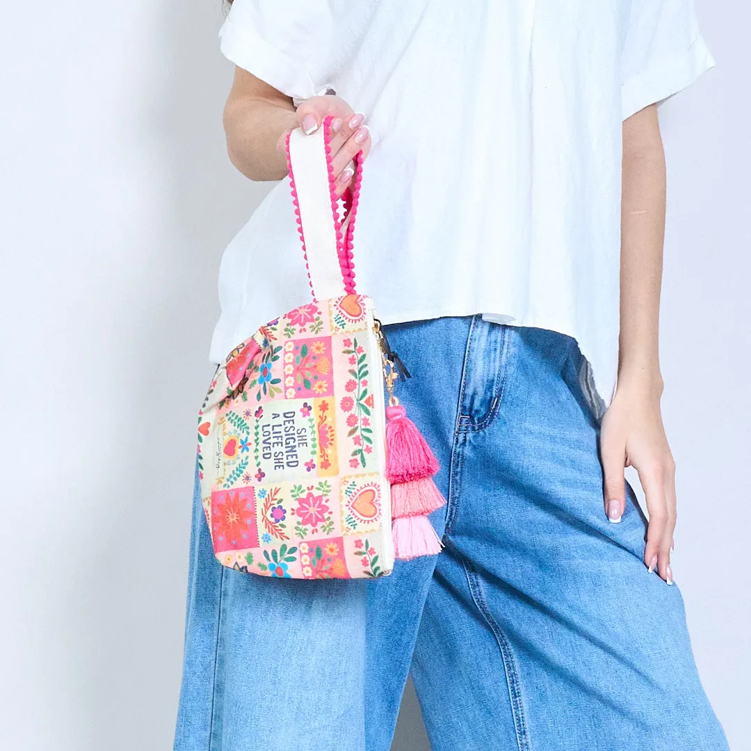 Embroidered patchwork pouch with tassel charm wholesale
