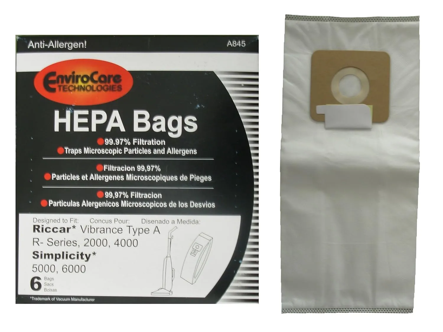 EnviroCare Replacement Designed To Fit Riccar Vibrance Simplicity 5000, 6000 Type A Hepa Bags, 6 Pack